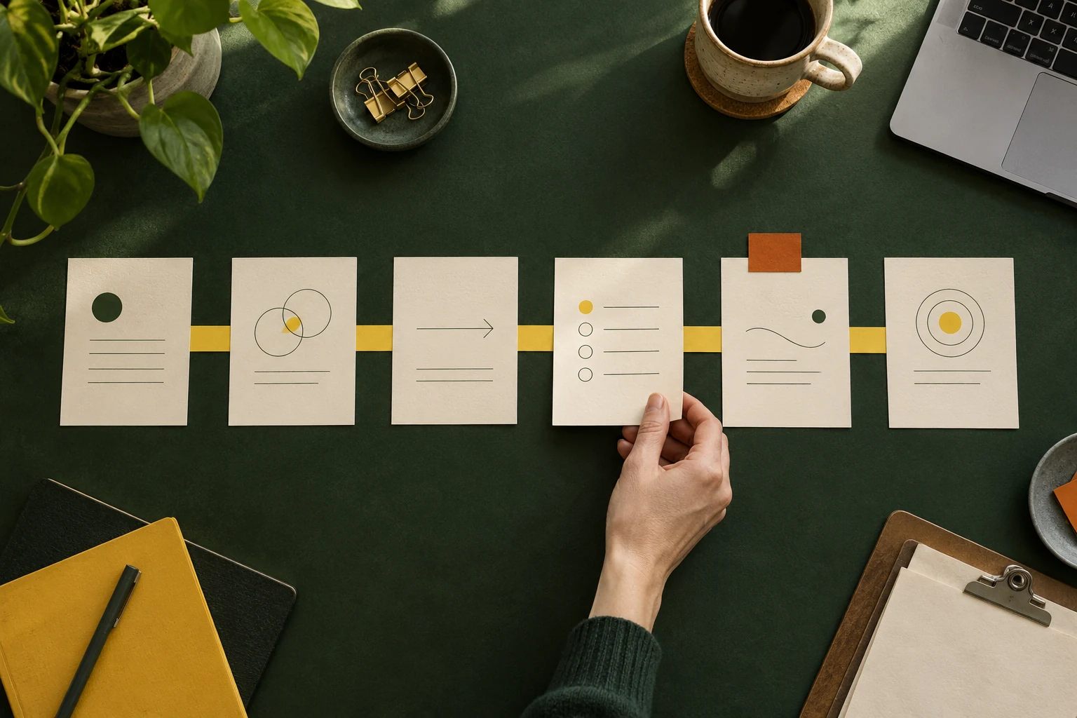 Illustrative brand image: a six-step workflow arranged on a forest-green workbench